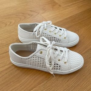 White woven faux leather sneakers